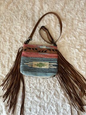 Myra Bag Southwestern Fringe Crossbody in Blue, Pink, Brown